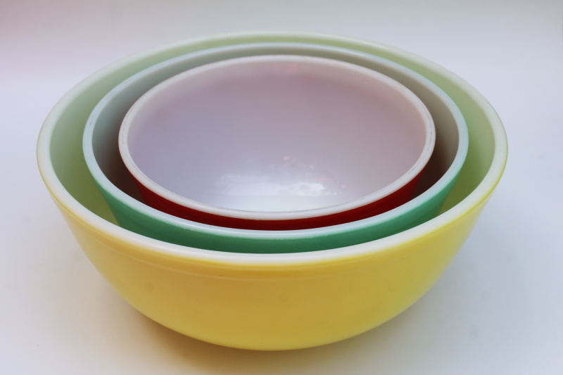 photo of vintage Pyrex primary yellow aqua red mixing bowls 404 403 402 MCM frankenstack retro colors!  #4